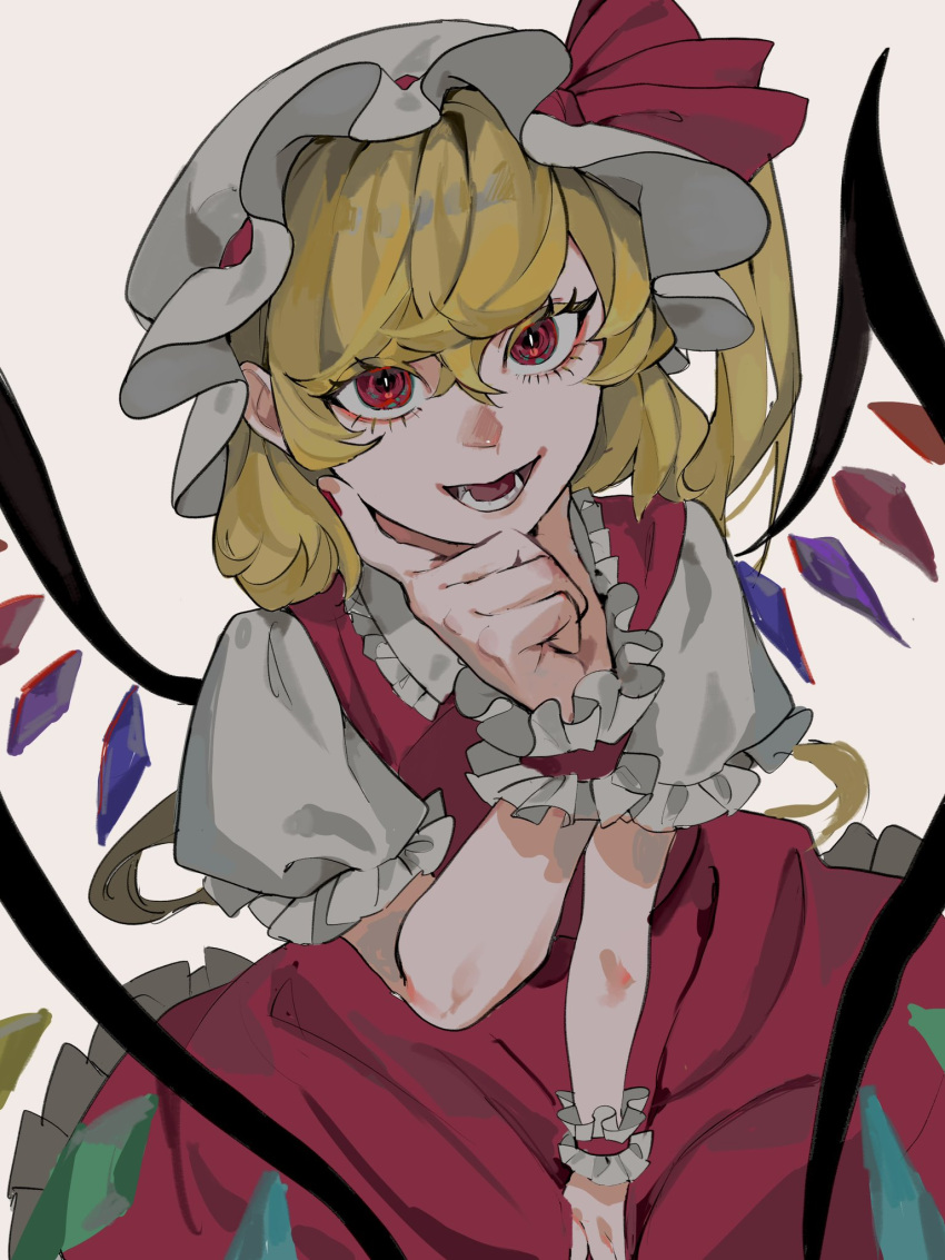 1girl :d crystal dee_(tannsumi) eyebrows_hidden_by_hair eyelashes flandre_scarlet frilled_shirt_collar frills from_above hair_between_eyes hand_on_lap hand_on_own_face hand_up hat highres index_finger_raised looking_at_viewer lower_teeth_only mob_cap nail_polish one_side_up open_mouth puffy_short_sleeves puffy_sleeves red_eyes red_nails red_skirt red_vest short_sleeves skirt skirt_set smile solo swept_bangs teeth touhou upturned_eyes vest wings