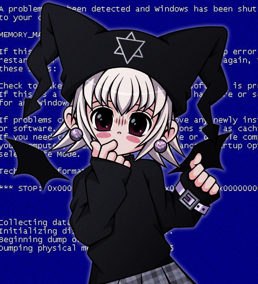 1girl absurdres bat_wings belt black_headwear black_sleeves blue_screen_of_death blush_stickers brown_eyes cryptidhermit earrings english_commentary english_text grey_belt hat hexagram highres jester_cap jewelry long_sleeves mayura plaid plaid_skirt pointing pointing_at_self short_hair skirt sleeves_past_wrists solo ukagaka white_hair wings wrist_belt