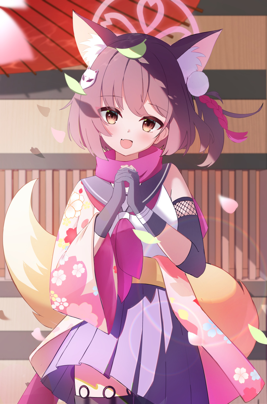 1girl :d absurdres animal_ear_fluff animal_ears architecture black_hair blue_archive blurry commentary_request depth_of_field east_asian_architecture eyeshadow falling_petals fingerless_gloves fox_ears fox_girl fox_hair_ornament fox_tail gloves hadanugi_dousa hair_between_eyes hair_ornament halo highres interlocked_fingers izuna_(blue_archive) japanese_clothes kunai leaf leaf_on_head long_sleeves looking_at_viewer makeup medium_hair ninja one_side_up outdoors own_hands_clasped own_hands_together petals pleated_skirt pom_pom_(clothes) pom_pom_hair_ornament red_eyeshadow red_scarf scarf school_uniform seijiikeuchi serafuku sidelocks skirt sleeveless smile solo tail thigh_strap weapon wide_sleeves wind yellow_eyes