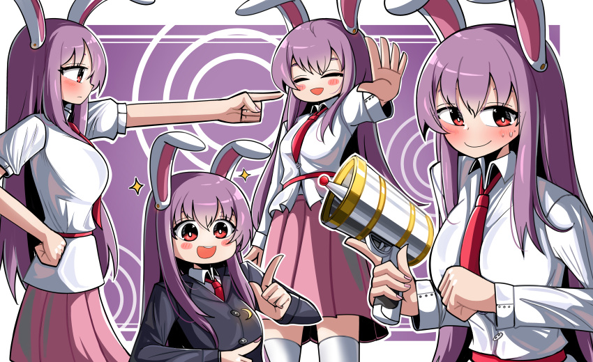 1girl :d absurdres animal_ears black_jacket blazer blush breasts closed_eyes closed_mouth collared_shirt commentary crescent crescent_pin english_commentary highres jacket long_sleeves looking_at_viewer lunatic_gun necktie outline pink_skirt pointing purple_background rabbit_ears rabbit_girl red_eyes red_necktie reisen_udongein_inaba shirt short_sleeves skirt smile spam_(spamham4506) star_(symbol) sweatdrop teeth thigh-highs touhou upper_teeth_only white_outline white_shirt white_thighhighs