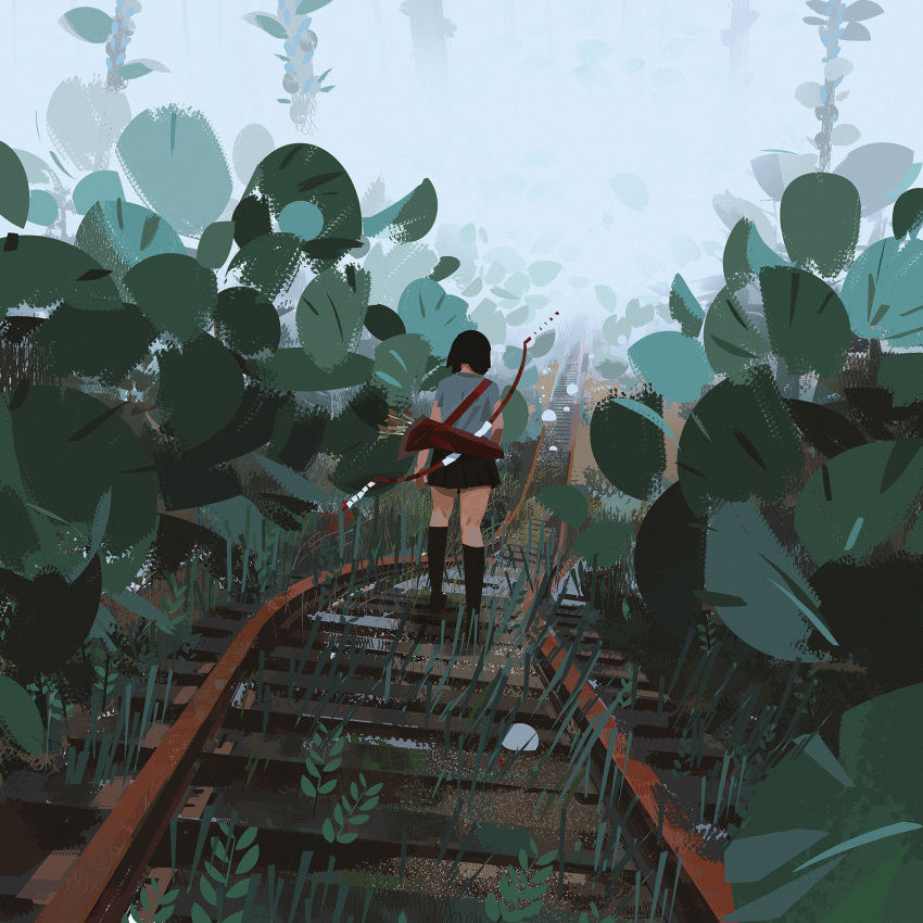 1girl arrow_(projectile) black_footwear black_hair black_skirt bow_(weapon) commentary day english_commentary fog from_behind girl_chasing_giants_(yun_ling) grass highres landscape original outdoors overgrown plant railroad_tracks scenery shirt short_hair short_sleeves skirt sky solo t-shirt walking weapon yun_ling