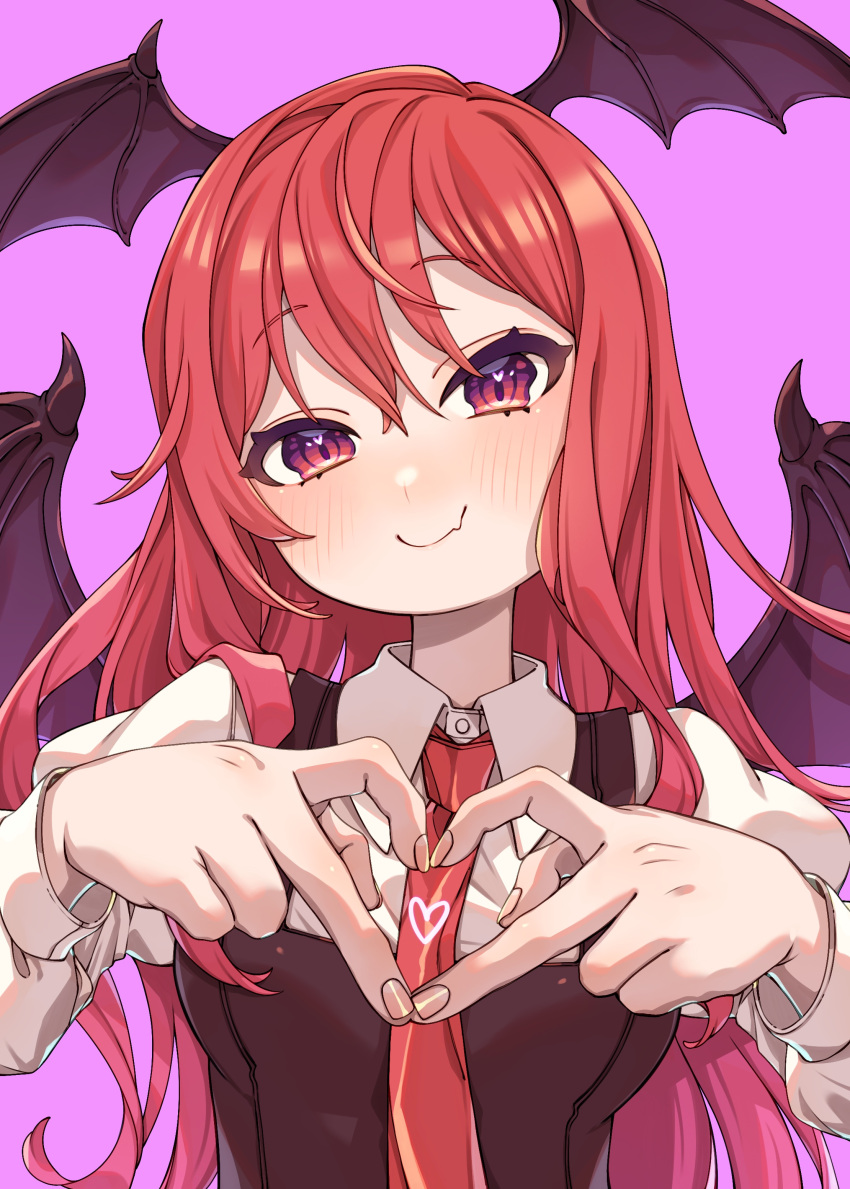 1girl absurdres bat_wings black_vest blush breasts e_sdss fang fingernails hands_up head_tilt head_wings heart heart_hands highres juliet_sleeves koakuma long_hair long_sleeves looking_at_viewer medium_breasts necktie pink_background puffy_sleeves red_eyes red_necktie redhead shirt simple_background skin_fang smile solo touhou very_long_hair vest violet_eyes white_shirt wing_collar wings