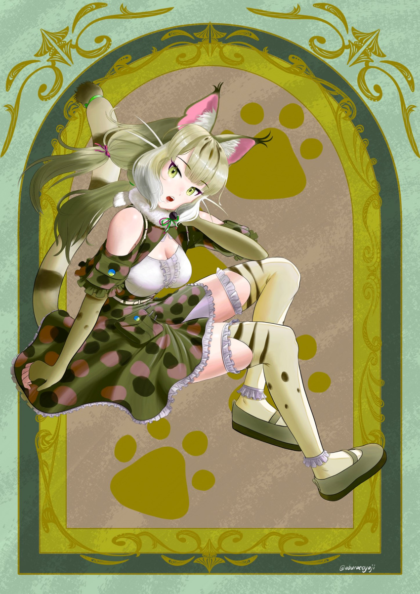 1girl aburaeoyaji animal_ears bare_shoulders camouflage cat_ears cat_girl cat_tail extra_ears fingerless_gloves gloves green_eyes highres jungle_cat_(kemono_friends) kemono_friends kemono_friends_v_project kneehighs long_hair looking_at_viewer microphone open_mouth ribbon shirt shoes skirt socks solo tail twintails virtual_youtuber