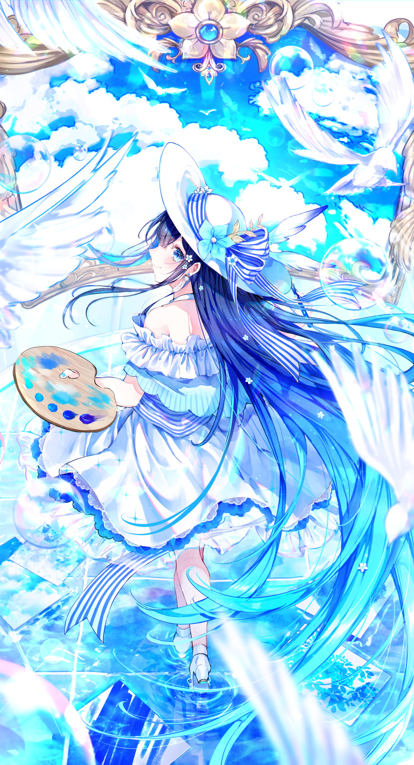 1girl absurdres bare_shoulders bird blue_dress blue_eyes blue_sky blush closed_mouth clouds color_guide dress feathers from_behind hair_ornament highres holding long_hair looking_at_viewer noyu_(noyu23386566) off-shoulder_dress off_shoulder original reflection skirt sky smile solo very_long_hair white_dress white_headwear