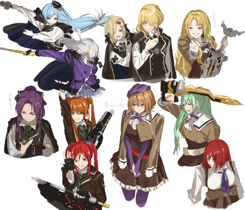 6+girls :d absurdres arm_up arms_at_sides assault_lily bangs_pinned_back belt belt_buckle beret black_bow black_cape black_gloves black_headwear black_jacket black_vest blazer blonde_hair blue_bow blue_cape blue_hair bob_cut bow braid breasts bridal_gauntlets brown_dress brown_jacket buckle buttons cape cardigan closed_eyes closed_mouth clothes_around_waist collared_shirt commentary_request covered_eyes cropped_arms cropped_jacket cropped_legs cropped_torso dress elbow_gloves fingerless_gloves floating_hair frilled_dress frills gloves green_hair green_necktie grey_eyes grey_hair grey_skirt grin hair_between_eyes hair_bobbles hair_bow hair_ornament hair_over_one_eye hair_over_shoulder hair_ribbon hairclip hand_on_another's_arm hand_on_own_chest hand_up hat hibino_waku hidai_miyazu high-waist_skirt highres hirotsu_yuuzutsu holding holding_sword holding_weapon jacket jacket_around_waist jacket_on_shoulders kusakabe_murasame kusakabe_rengetsu large_breasts leaning_to_the_side light_blush long_hair long_sleeves looking_at_viewer looking_away low-tied_long_hair low_twin_braids medium_breasts mini_hat moroi_saho multiple_girls neck_ribbon necktie nishikawa_miharu o_(ooorrrmm) one_side_up open_mouth orange_hair outdoors own_hands_together pantyhose parted_bangs parted_lips peaked_cap peeking_out ponytail purple_cardigan purple_gloves purple_hair purple_headwear purple_pantyhose purple_ribbon reaching_towards_viewer red_belt red_eyes redhead ribbon school_uniform shirt short_hair short_necktie siblings simple_background sisters sketch skirt sleeve_bow smile standing striped striped_skirt suspender_skirt suspenders sword tashiro_ayumu tejima_komachi translation_request tsujimoto_yuunagi twin_braids twintails two-sided_cape two-sided_fabric undone_neck_ribbon v-shaped_eyebrows v_arms vertical-striped_skirt vertical_stripes very_long_hair vest violet_eyes wavy_hair weapon white_background white_belt white_ribbon white_shirt yellow_background yoshii_kasumiko