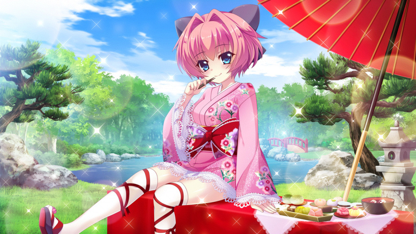 1girl architecture blue_eyes blue_sky boulder bow bowl bridge chopsticks clouds day dot_nose east_asian_architecture eating film_grain floral_print food furisode game_cg hair_bow hair_intakes hiiragi_kae holding holding_chopsticks izumi_tsubasu japanese_clothes kimono lace_trim large_bow leg_ribbon lens_flare looking_at_viewer non-web_source official_art oil-paper_umbrella on_bench outdoors outstretched_leg pink_hair pink_kimono plant_request pond purple_bow re:stage! red_bow red_footwear red_ribbon red_sash red_umbrella ribbon sash sitting sky smile solo sparkle stone_lantern thigh-highs tree umbrella wagashi white_thighhighs white_trim zettai_ryouiki