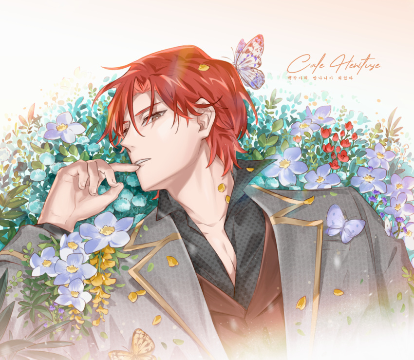 1boy brown_eyes brown_vest bug butterfly butterfly_on_head cale_henituse character_name chiutina flower formal grey_suit hair_between_eyes hand_up lout_of_count's_family male_focus petals redhead short_hair solo suit upper_body vest