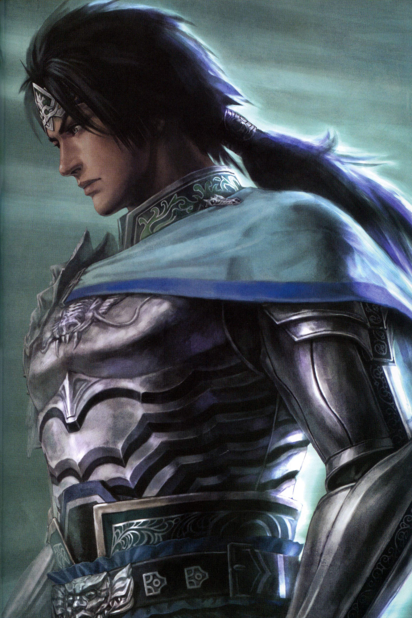 armor black_hair cape cloak close dynasty_warriors hero highres koei long_hair male ponytail realistic sangoku_musou scan shield shin_sangoku_musou solo zhao_yun