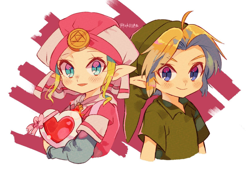 1boy 1girl :d ahoge artist_name blonde_hair blue_eyes blush closed_mouth collared_shirt commentary_request dress eyelashes green_headwear green_shirt hat heart highres layered_sleeves link long_sleeves looking_at_viewer open_mouth parted_bangs pink_background pink_shirt pointy_ears princess_zelda shirt short_hair short_over_long_sleeves short_sleeves sidelocks simple_background smile the_legend_of_zelda the_legend_of_zelda:_ocarina_of_time tokuura triforce twitter_username upper_body v-shaped_eyebrows white_background white_headwear young_link young_zelda
