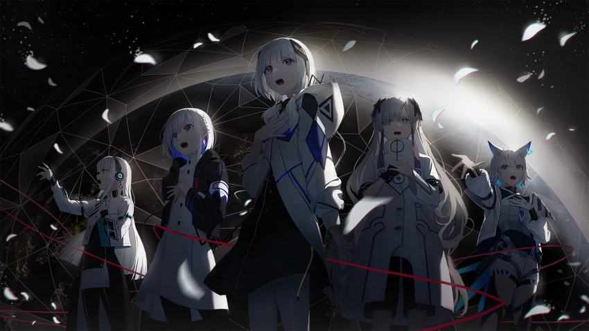 5girls animal_ears black_gloves black_jacket black_pants blue_eyes blunt_bangs coko_(cevio) commentary_request dress facing_viewer falling_petals feet_out_of_frame fingerless_gloves gloves hair_ornament hand_on_own_chest hand_up haru_(cevio) headphones highres jacket kafu_(cevio) long_hair looking_ahead multiple_girls music nekoreito open_clothes open_jacket open_mouth outdoors pants petals red_eyes rime_(cevio) sekai_(cevio) short_hair shorts singing standing vocaloid white_dress white_hair white_jacket white_shorts