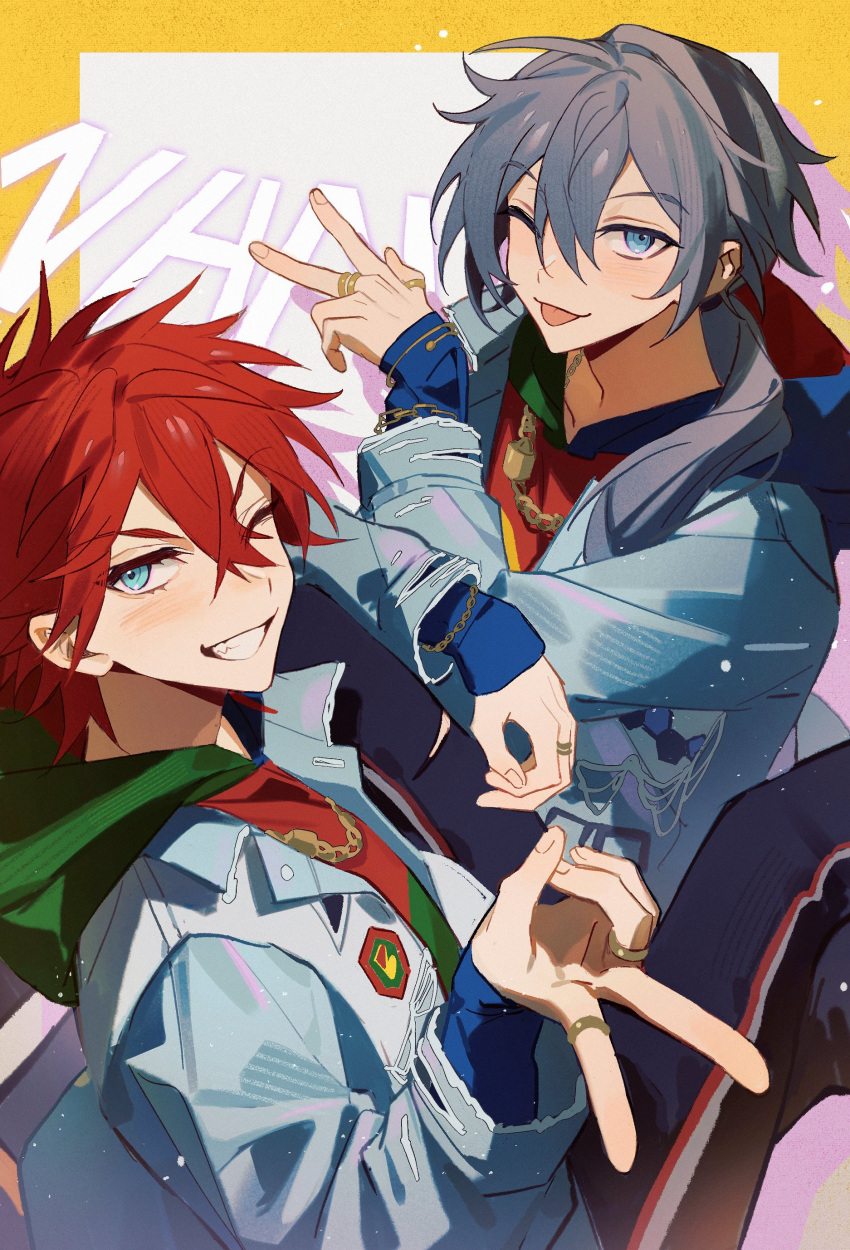 2boys absurdres amagi_rinne aqua_eyes blue_eyes border closed_mouth ensemble_stars! grey_hair highres jewelry long_hair looking_at_viewer low_ponytail low_side_ponytail male_focus multiple_boys one_eye_closed open_mouth pinenut_sn redhead ring shiina_niki short_hair teeth tongue tongue_out v white_background yellow_border