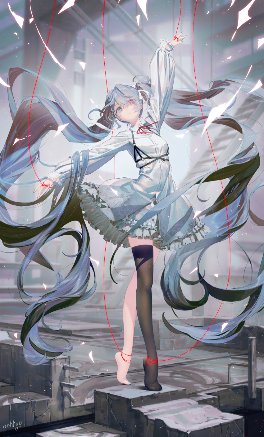 1girl 25-ji_miku 25-ji_nightcord_de._(project_sekai) absurdres aqua_eyes black_thighhighs breasts collared_dress commentary dancing dress en_pointe expressionless frilled_dress frilled_sleeves frills hair_between_eyes hatsune_miku heterochromia highres light_particles long_hair long_sleeves neck_ribbon no_shoes official_alternate_eye_color official_alternate_hair_color oohhya project_sekai red_ribbon ribbon short_dress sidelocks single_barefoot single_thighhigh sleeves_past_wrists small_breasts solo stairs string string_of_fate thigh-highs toes twintails violet_eyes vocaloid
