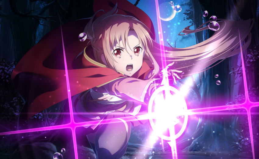 1girl asuna_(sao) black_gloves black_skirt cape fingerless_gloves floating_hair forest gloves grey_thighhighs holding holding_sword holding_weapon light_brown_hair long_hair long_sleeves looking_at_viewer miniskirt nature night open_mouth pink_sleeves pleated_skirt red_cape red_eyes running skirt solo sword sword_art_online thigh-highs tree very_long_hair weapon zettai_ryouiki