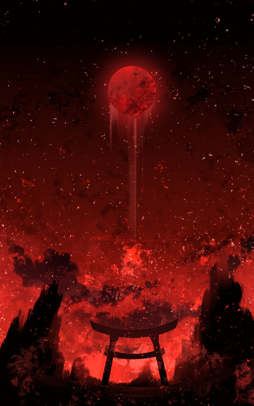 clouds full_moon highres moon night night_sky no_humans original outdoors red_moon red_theme rune_xiao scenery signature sky star_(sky) starry_sky still_life torii