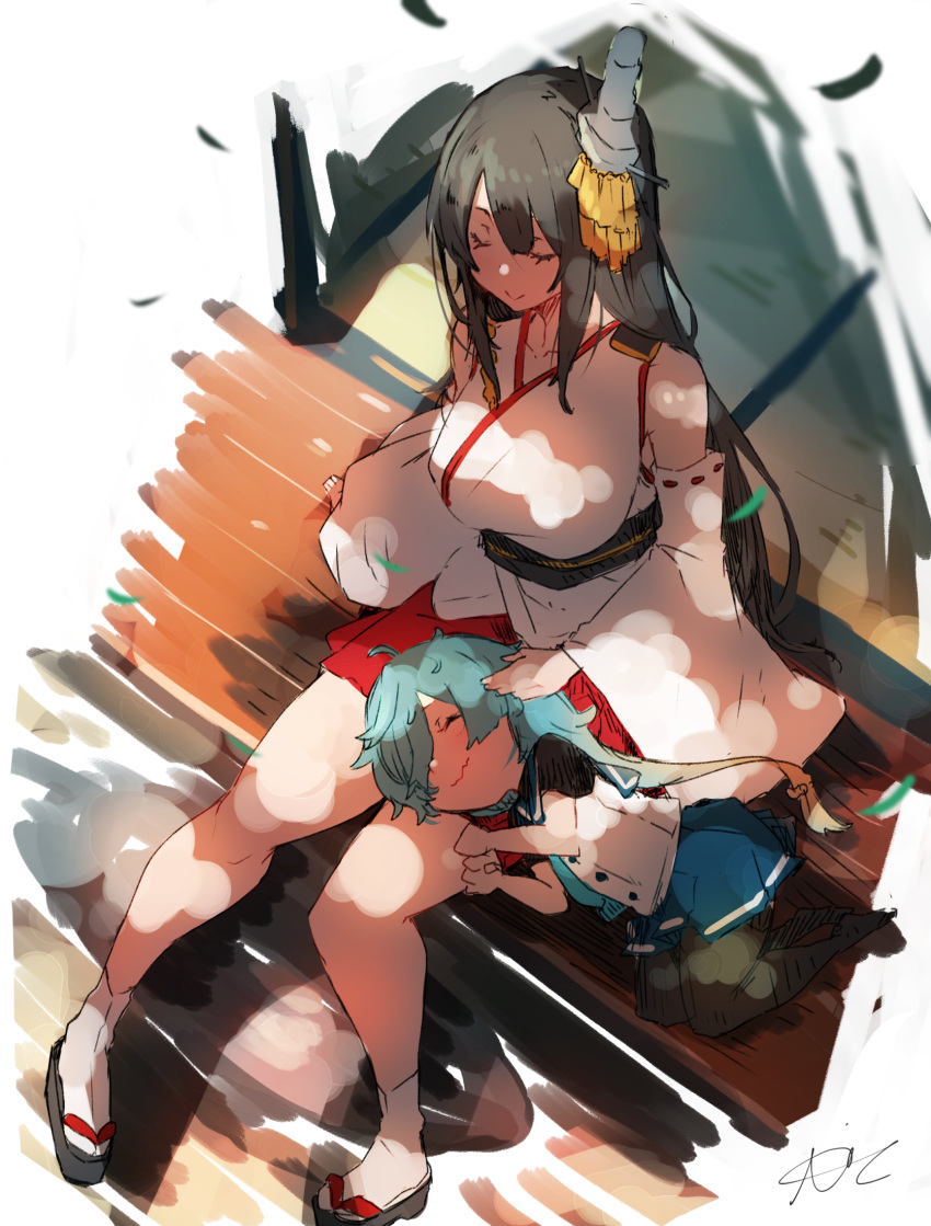 2girls black_hair black_pantyhose blonde_hair blue_hair blue_sailor_collar blue_skirt breasts closed_eyes detached_sleeves fusou_(kancolle) gradient_hair hair_ornament hakama hakama_skirt headgear highres japanese_clothes kantai_collection lap_pillow large_breasts long_hair lying multicolored_hair multiple_girls on_side pantyhose pleated_skirt red_skirt sado_(kancolle) sailor_collar school_uniform serafuku shirt skirt sleeping sleeveless sleeveless_shirt sunday_aki tatami undershirt veranda