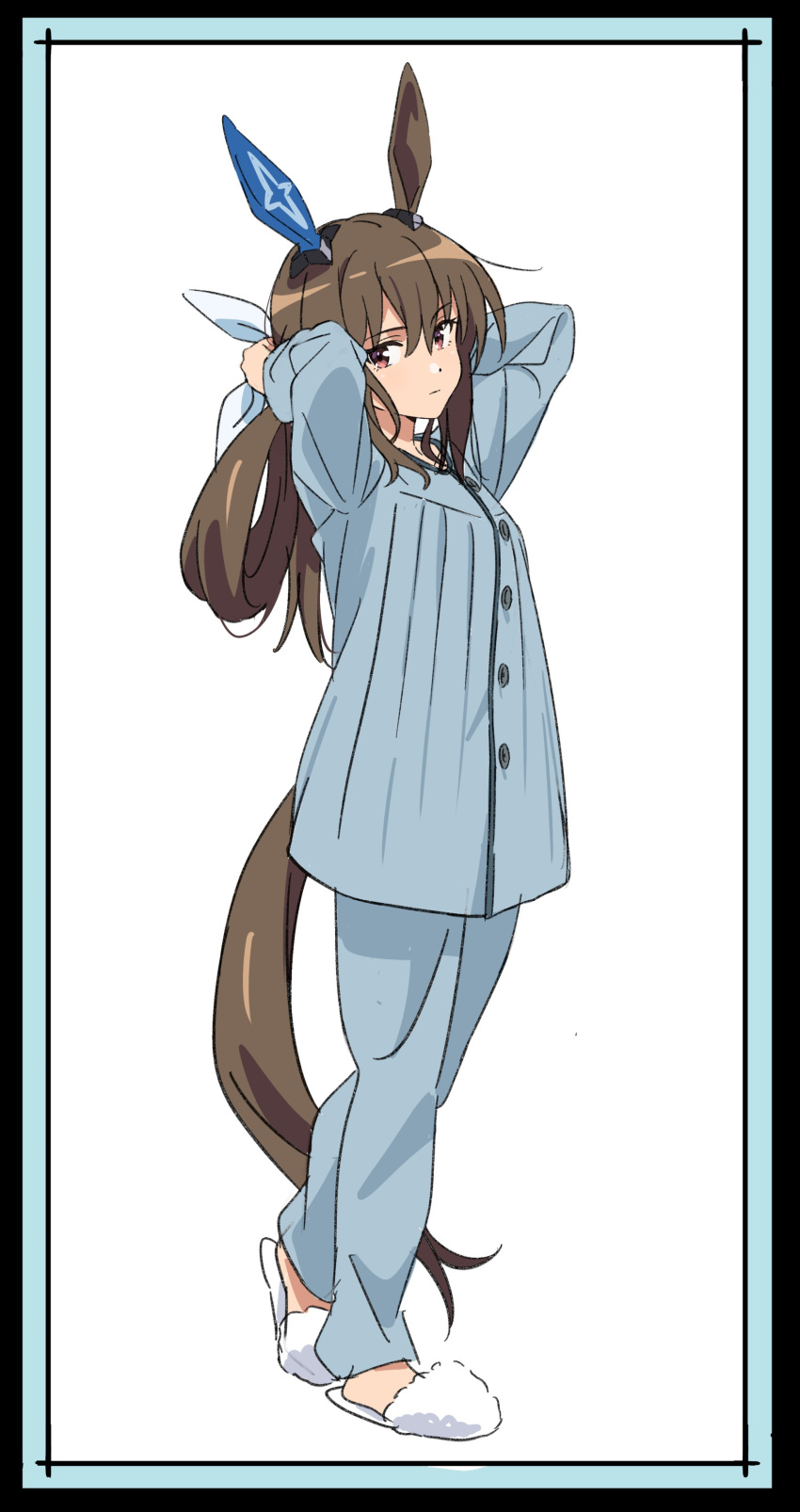 absurdres admire_vega_(umamusume) alternate_costume animal_ears arm_behind_head armpits arms_up brown_hair commentary_request highres horse_ears horse_girl horse_tail long_hair looking_at_viewer pajamas ponytail ribbon simple_background slippers standing tail umamusume white_background yamazaki_jun