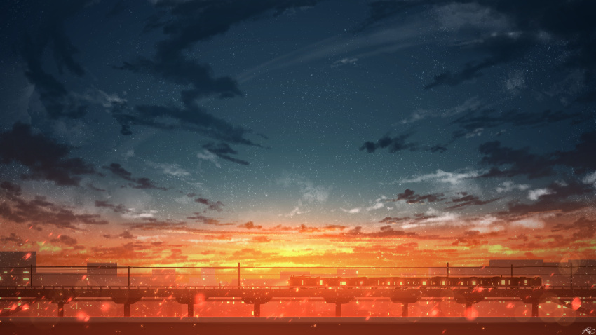 chinese_commentary cityscape clouds commentary_request gradient_sky ground_vehicle highres light_particles no_humans original outdoors power_lines rune_xiao scenery signature sky star_(sky) starry_sky still_life sunset train