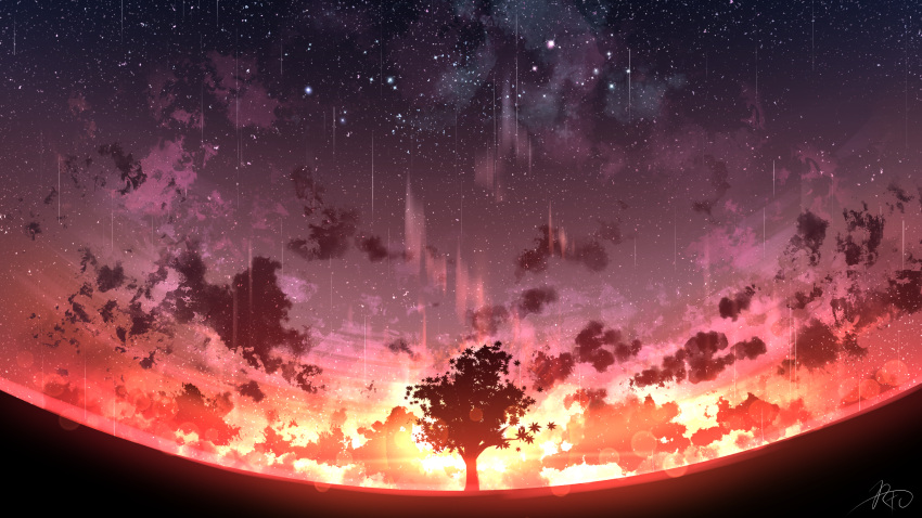 chinese_commentary clouds commentary_request highres night night_sky no_humans original outdoors rune_xiao scenery signature sky star_(sky) starry_sky still_life sun sunset tree