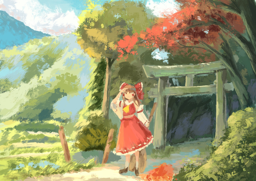 1girl absurdres ascot bow broom brown_eyes brown_footwear brown_hair collared_shirt detached_sleeves faux_traditional_media frilled_bow frilled_skirt frills hakurei_reimu highres medium_hair mountain outdoors red_bow red_shirt red_skirt road scenery shirt shoes sidelocks skirt skirt_set sleeveless sleeveless_shirt solo theta_(theta456697010) torii touhou tree white_sleeves wide_sleeves yellow_ascot