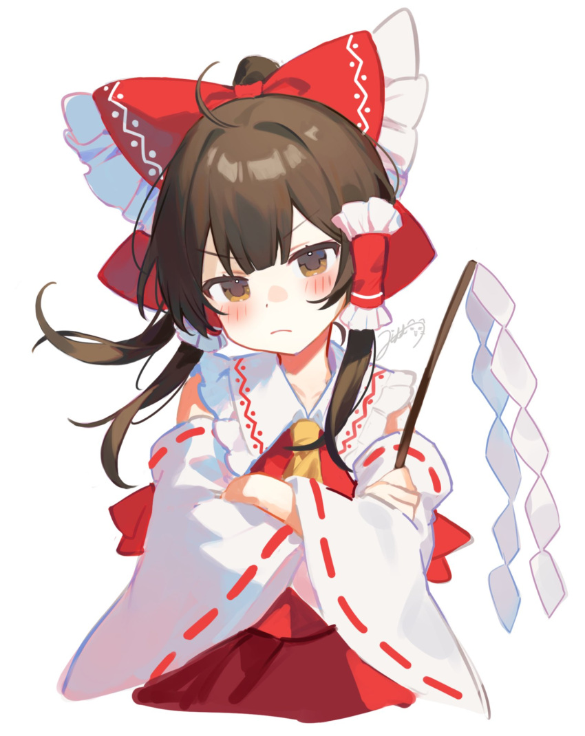 1girl ahoge ascot blunt_bangs blush bow brown_eyes brown_hair cowboy_shot cropped_legs crossed_arms frilled_hair_tubes frilled_shirt_collar frills frown glaring hair_bow hair_tubes hakurei_reimu highres holding holding_stick jill_07km long_hair looking_at_viewer ponytail red_bow red_skirt red_vest signature simple_background skirt skirt_set solo stick touhou v-shaped_eyebrows vest white_background yellow_ascot