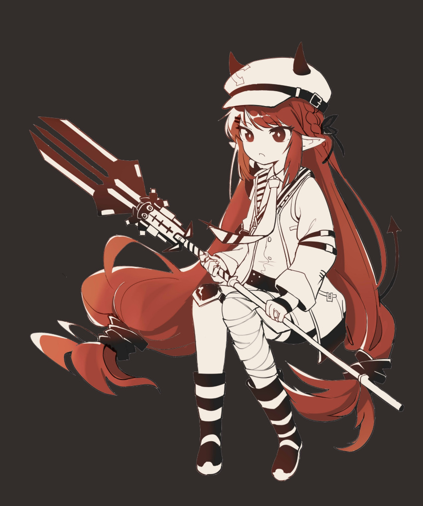 1girl anyou990 arknights bandaged_leg bandages brown_background chinese_commentary commentary_request demon_horns diamond-shaped_pupils diamond_(shape) fingernails flat_cap full_body hair_ribbon hat highres holding holding_polearm holding_weapon horns horns_through_headwear jacket jewelry limited_palette long_hair long_sleeves looking_at_viewer low-tied_long_hair necktie open_clothes open_jacket parted_lips pointy_ears polearm red_eyes redhead ribbon ring shirt simple_background solo striped striped_footwear symbol-shaped_pupils very_long_hair vigna_(arknights) weapon