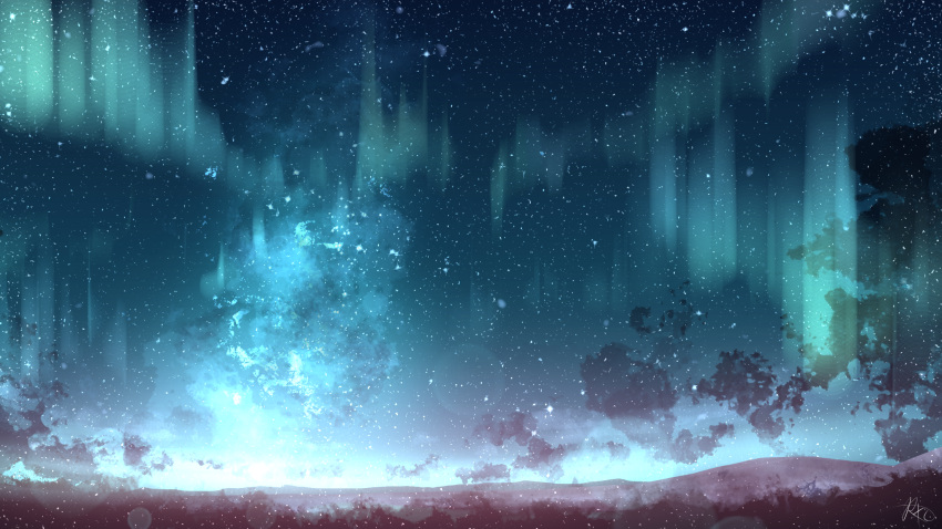 aurora clouds commentary english_commentary highres mountainous_horizon night night_sky no_humans original outdoors rune_xiao scenery signature sky star_(sky) starry_sky still_life
