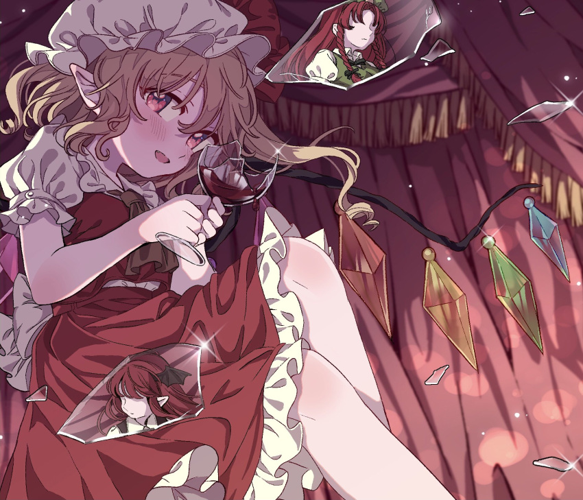 1girl back_bow black_bow blonde_hair blush bow braid broken_glass commentary_request crystal cup curtains drinking_glass feet_out_of_frame flandre_scarlet glass green_headwear green_vest hair_bow hat hat_ribbon head_wings highres holding holding_cup hong_meiling koakuma long_hair mob_cap open_mouth pointy_ears red_eyes red_ribbon red_skirt red_vest reflection ribbon satomachi shirt short_sleeves skirt smile solo touhou twin_braids vest white_headwear white_shirt wine_glass wings