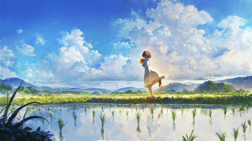 1girl animal blue_sky brown_hair clouds cloudy_sky cumulonimbus_cloud dress field fjsmu flower fog from_behind grass highres holding holding_flower landscape mountain nature on_grass original outdoors petals reflection running sandals scenery short_hair sky sleeveless sleeveless_dress solo sunflower water white_dress wind