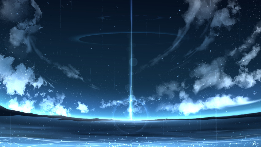 blue_theme chinese_commentary clouds commentary_request highres horizon mountainous_horizon no_humans original outdoors rune_xiao scenery signature sky star_(sky) starry_sky still_life