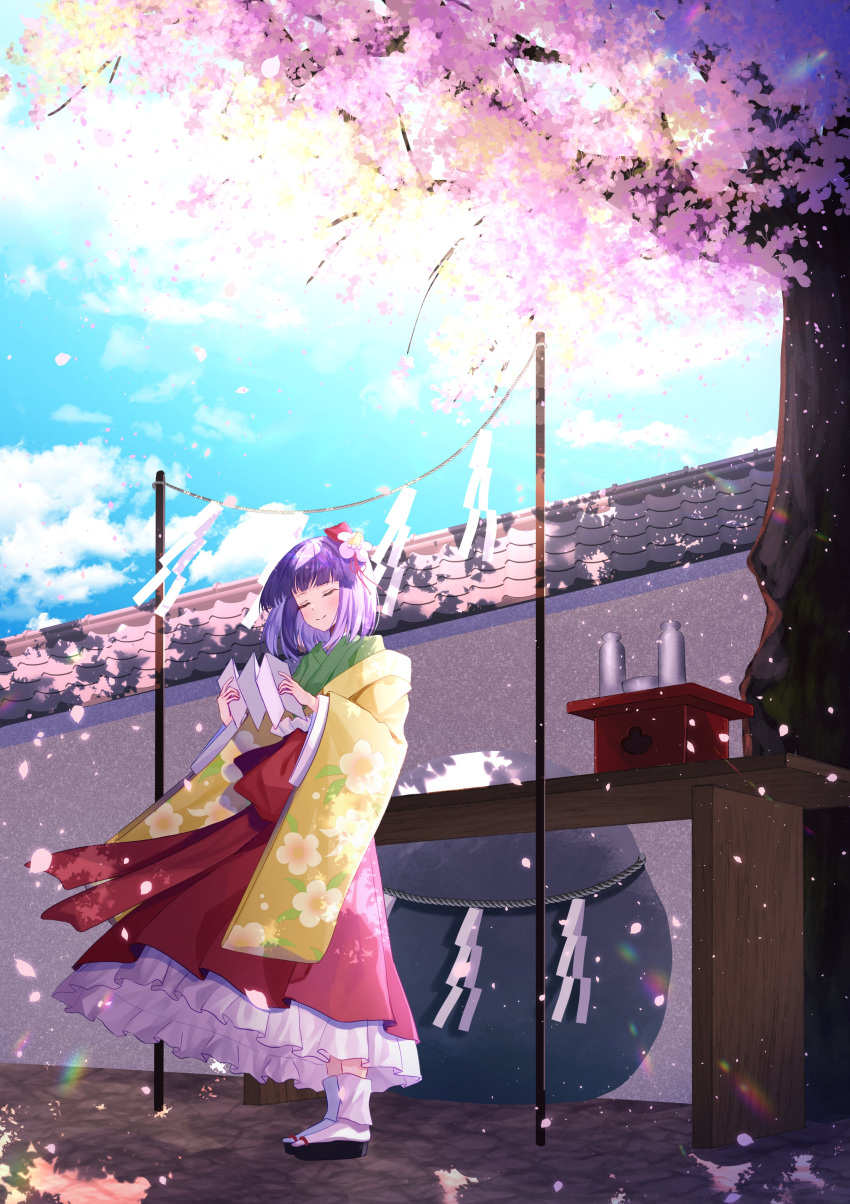 1girl absurdres black_footwear cherry_blossoms closed_eyes clouds cloudy_sky detached_sleeves dress falling_petals floral_print hieda_no_akyuu highres japanese_clothes kimono nettian51 patterned_clothing petals purple_hair red_dress short_hair sky smile socks solo touhou white_socks yellow_sleeves