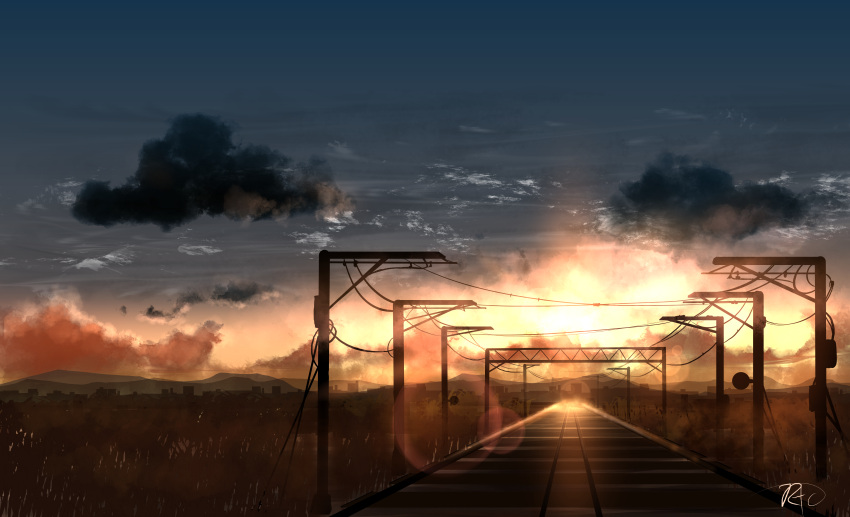 absurdres chinese_commentary clouds commentary_request ground_vehicle highres mountainous_horizon no_humans original outdoors railroad_tracks rune_xiao scenery signature sky still_life sun sunset train