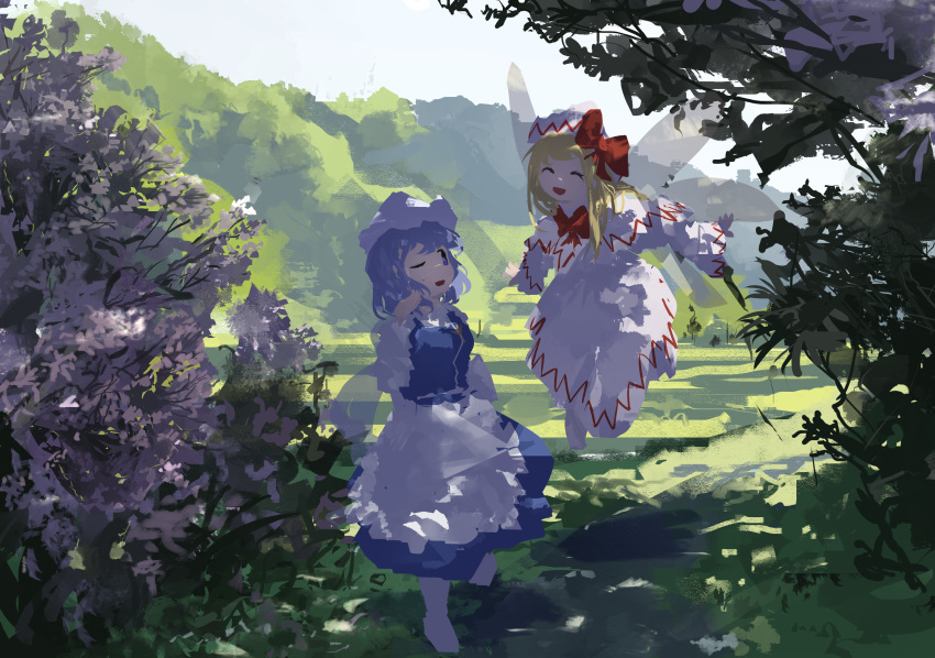 2girls :d ^_^ absurdres apron blonde_hair blue_eyes blue_hair blue_skirt blue_vest bow bowtie capelet closed_eyes dappled_sunlight dress fairy_wings hat hat_bow highres letty_whiterock lily_white long_hair long_sleeves looking_at_another medium_hair multiple_girls no_lineart one_eye_closed outdoors red_bow red_bowtie skirt smile sunlight touhou tree ushitsuchi vest waist_apron white_apron white_capelet white_dress white_footwear white_headwear wings