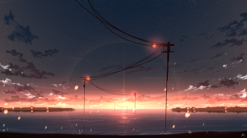 chinese_commentary clouds commentary_request highres horizon lens_flare light_particles no_humans ocean original outdoors power_lines rune_xiao scenery signature sky star_(sky) starry_sky still_life sun sunset utility_pole