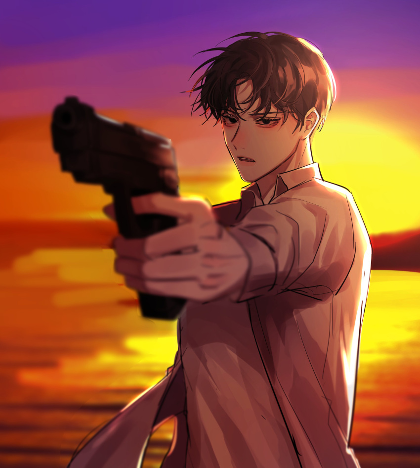 1boy absurdres bishounen black_eyes brown_hair goun_tarten gun highres holding holding_gun holding_weapon ling_xinlu male_focus medium_hair ocean open_clothes passion_(manhwa) shirt solo sunset weapon white_shirt