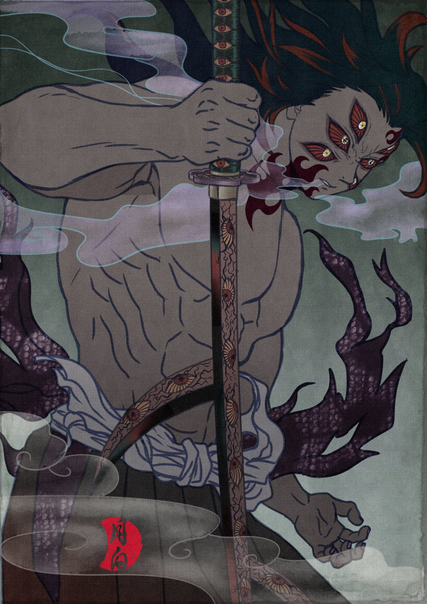 1boy abs black_hair clouds colored_sclera cowboy_shot extra_eyes facial_mark fingernails floating_hair from_side frown green_background highres holding holding_sword holding_weapon japanese_clothes katana kimetsu_no_yaiba kimono kokushibou long_hair looking_away male_focus multicolored_hair parted_lips pectorals red_sclera redhead solo streaked_hair sword text_in_eyes topless_male traditional_media tsukishiro1021 two-tone_hair watermark weapon yellow_eyes