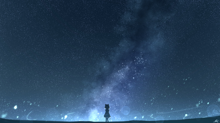 1girl animal_ears cat_ears cat_girl cat_tail chinese_commentary commentary_request highres light_particles night night_sky original outdoors rune_xiao scenery short_hair signature sky solo standing star_(sky) starry_sky tail wide_shot