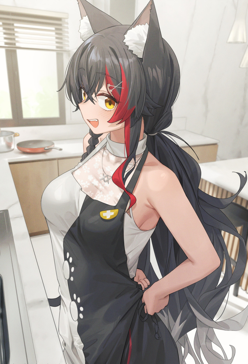 1girl animal_ear_fluff animal_ears apron black_hair braid cowboy_shot hair_ornament highres hololive kitchen large_pectorals long_hair looking_at_viewer low_ponytail multicolored_hair official_alternate_costume ookami_mio ookami_mio_(5th_costume) paw_print pectorals redhead rimori22 see-through_cleavage shirt side_braid skillet sleeveless sleeveless_shirt smile solo streaked_hair tying_apron virtual_youtuber wide_ponytail window wolf_ears wolf_girl x_hair_ornament yellow_eyes