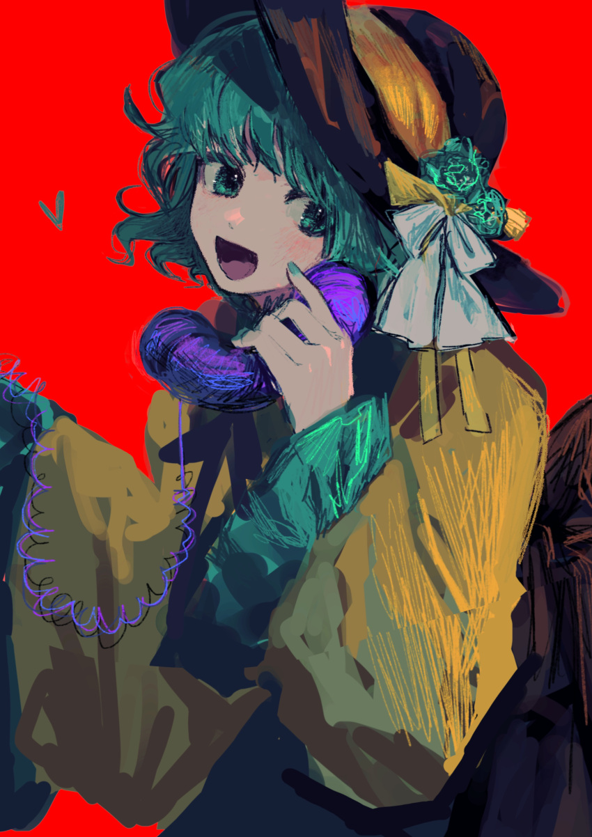 1girl :d absurdres black_headwear blouse blush commentary_request corded_phone fingerless_gloves flower frilled_sleeves frills gloves gotagotay green_eyes green_flower green_nails grey_hair hands_up hat hat_flower hat_ribbon highres holding holding_phone komeiji_koishi long_sleeves looking_at_viewer nail_polish open_mouth phone red_background ribbon shirt short_hair simple_background smile solo touhou upper_body white_ribbon wide_sleeves yellow_shirt