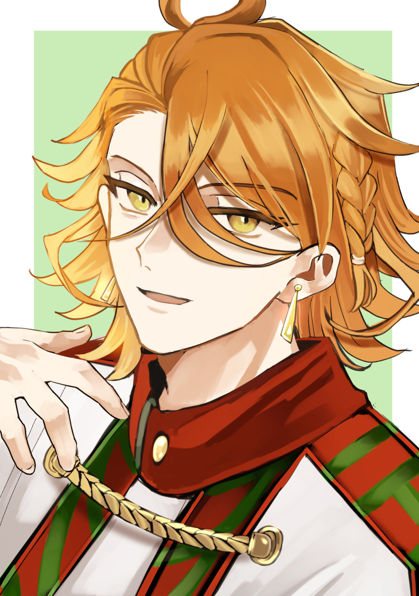 1boy absurdres braid earrings fire_emblem fire_emblem_engage hair_between_eyes highres jewelry looking_at_viewer omlililimo open_mouth orange_hair pandreo_(fire_emblem) portrait short_hair simple_background single_earring solo yellow_eyes