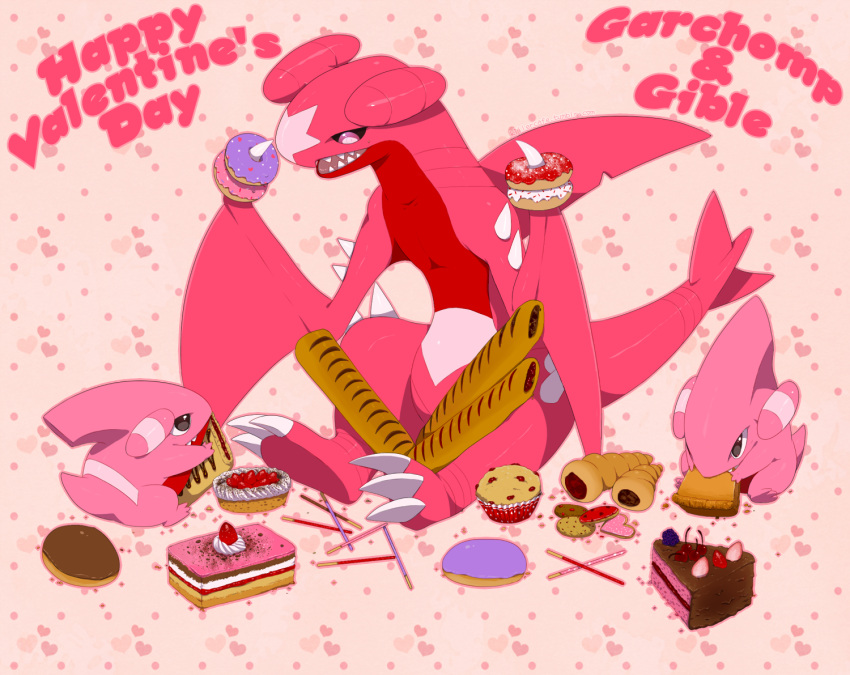 alternate_color cake character_name claws commentary doughnut eating fangs fangs_out food garchomp gible happy_valentine heart holding holding_food looking_down no_humans open_mouth pokemon pokemon_(creature) sharp_teeth teeth yajuuraku
