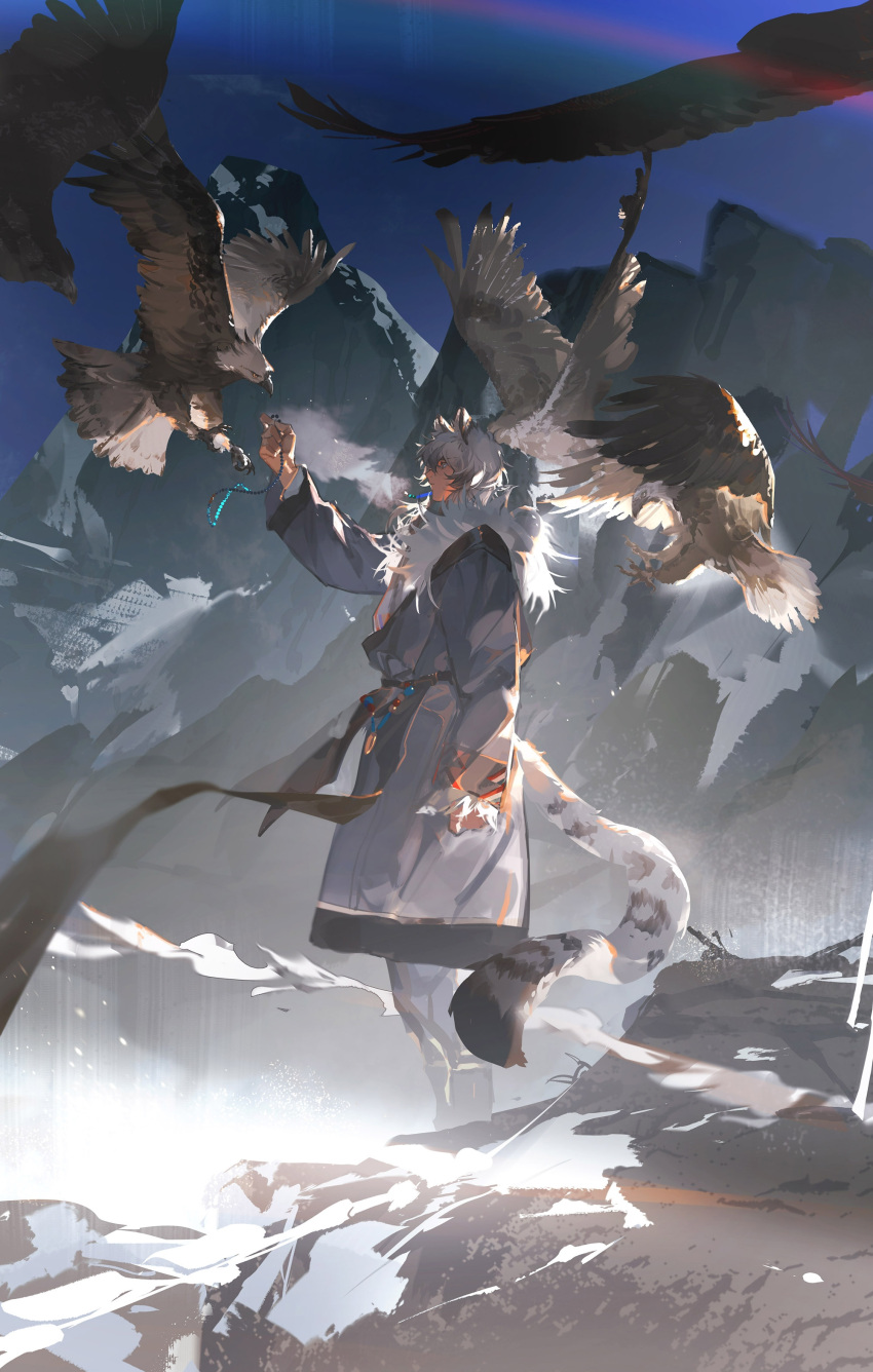 1boy absurdres akai_999 animal animal_ear_fluff animal_ears arknights bead_necklace beads bird coat day eagle full_body fur-trimmed_coat fur_trim grey_hair highres holding holding_jewelry holding_necklace jewelry leopard_boy leopard_ears leopard_tail long_sleeves male_focus mountain necklace outdoors scenery short_hair silverash_(arknights) sky snow solo standing tail winter winter_clothes