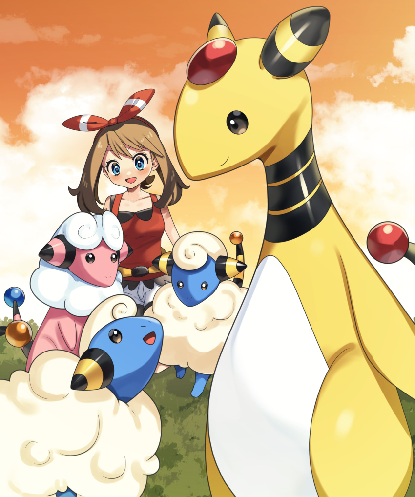 1girl :d absurdres ampharos blue_eyes blush bow_hairband brown_hair closed_mouth clouds commentary_request evolutionary_line eyelashes flaaffy grass hairband highres mareep may_(pokemon) open_mouth outdoors pokemon pokemon_(creature) pokemon_(game) pokemon_oras red_hairband sheep shirt shorts sitting sky sleeveless sleeveless_shirt smile white_shorts yuihico