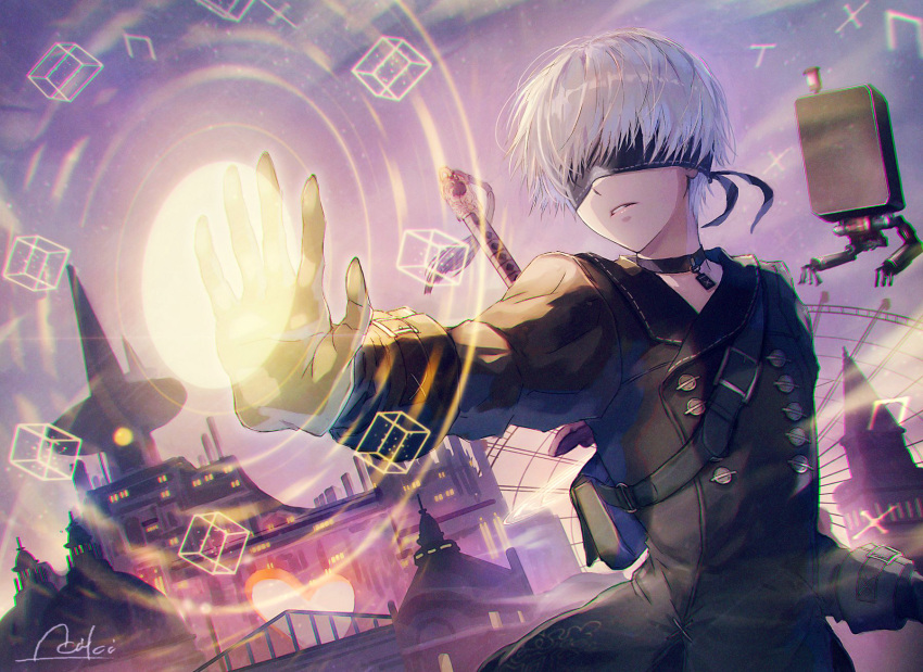 1boy black_coat coat covered_eyes gloves grey_gloves highres lira_mist long_sleeves male_focus nier:automata nier_(series) outdoors parted_lips pod_(nier:automata) short_hair solo standing upper_body white_hair yorha_no._9_type_s