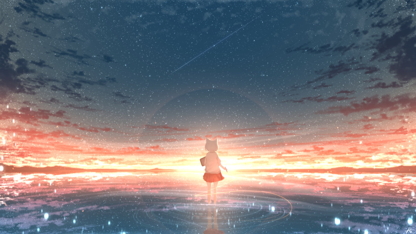1girl animal_ears chinese_commentary clouds commentary_request from_behind full_body highres light_particles night night_sky original outdoors red_skirt reflection rune_xiao scenery shirt short_hair signature skirt sky solo standing star_(sky) starry_sky sunset white_hair white_shirt