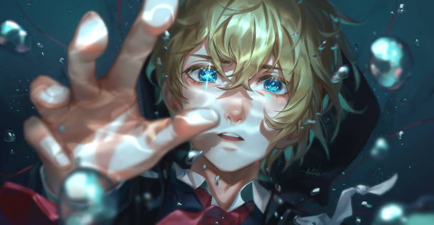 1boy absurdres betina_mascenon blonde_hair blue_eyes foreshortening hair_between_eyes highres hoshino_aquamarine liquid looking_at_viewer necktie open_mouth oshi_no_ko outstretched_hand reaching reaching_towards_viewer red_necktie short_hair solo star-shaped_pupils star_(symbol) symbol-shaped_pupils
