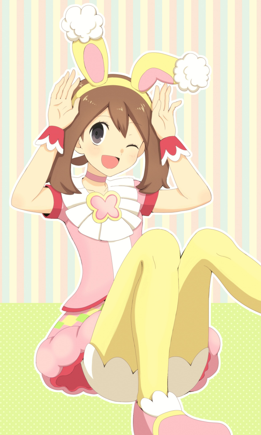 1girl ;d absurdres animal_ears arms_up brown_hair choker commentary_request eyelashes fake_animal_ears grey_eyes hairband highres koroni_(nkrgs) may_(pokemon) may_(spring_2021)_(pokemon) medium_hair official_alternate_costume one_eye_closed open_mouth pantyhose pink_choker pink_footwear pink_shirt pink_skirt pokemon pokemon_(game) pokemon_masters_ex rabbit_pose shirt shoes short_sleeves shorts shorts_under_skirt skirt smile solo white_shorts wrist_cuffs yellow_hairband yellow_pantyhose