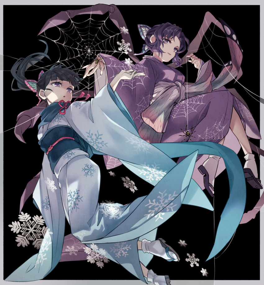 2girls adapted_costume animal animal_on_hand arthropod_girl black_background black_hair blowing blue_kimono blue_scarf blunt_bangs border bug butterfly_hair_ornament closed_mouth empty_eyes floating floating_hair from_below hair_ornament hand_up highres invisible_chair japanese_clothes kimetsu_no_yaiba kimono kochou_shinobu light_smile long_sleeves looking_at_viewer looking_away looking_to_the_side morita_yuu multiple_girls obi outstretched_arm outstretched_arms plantar_flexion ponytail purple_hair purple_kimono sash scarf shoe_soles silk simple_background sitting snowflake_print snowflakes snowing socks spider spider_girl spider_web tabi tassel tsuyuri_kanao updo violet_eyes white_border white_socks wide_sleeves yuki_onna zouri