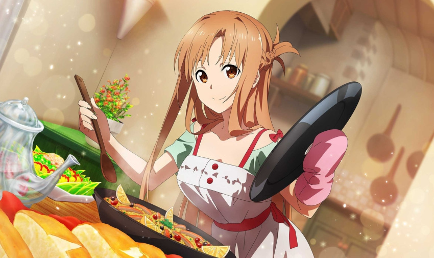 1girl apron asuna_(sao) blurry blurry_background braid brown_eyes brown_hair closed_mouth collarbone cooking dutch_angle green_shirt holding kitchen leaning_forward lens_flare long_hair shirt short_sleeves smile solo standing sword_art_online very_long_hair white_apron