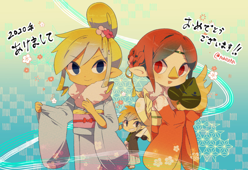 1boy 2020 2girls :d alternate_costume artist_name asa_no_ha_(pattern) beak black_eyes black_jacket blonde_hair blue_background blue_eyes blue_kimono blush bow braid brown_hair closed_mouth commentary_request floral_print flower flower_(symbol) fur_scarf geta gradient_background gradient_clothes green_headband green_kimono grin hair_flower hair_ornament hakama haori haori_himo headband highres jacket japanese_clothes kimono korok link long_sleeves looking_at_viewer makar medli multiple_girls new_year obi obiage obijime open_mouth parted_bangs pink_flower pink_sash pointy_ears print_kimono red_bow red_eyes red_kimono sandals sash short_hair sidelocks simple_background smile socks swept_bangs tabi tan tassel teeth tetra the_legend_of_zelda the_legend_of_zelda:_the_wind_waker tokuura toon_link translation_request twitter_username white_socks wide_sleeves yellow_background yellow_sash