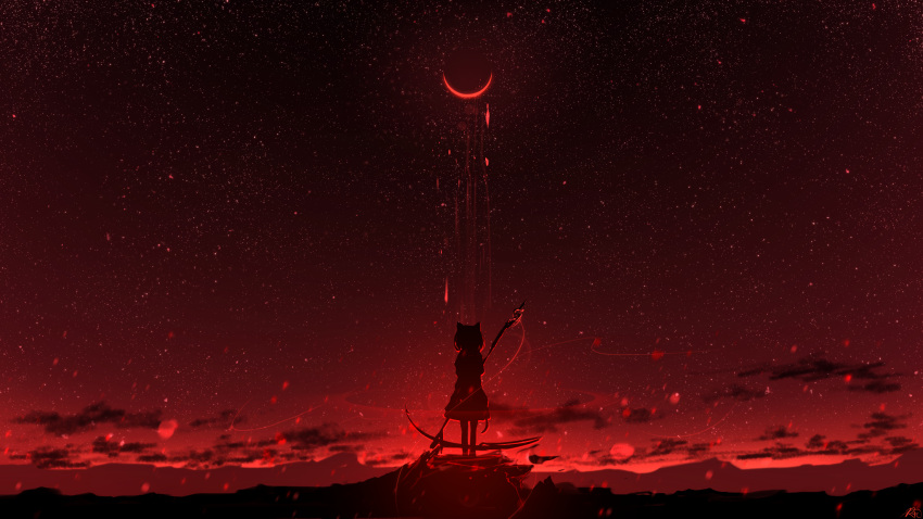 1girl animal_ears chinese_commentary clouds commentary_request full_body gradient_sky highres holding holding_scythe horizon light_particles moon mountainous_horizon original outdoors red_moon red_theme rune_xiao scenery scythe signature sky solo standing star_(sky) starry_sky